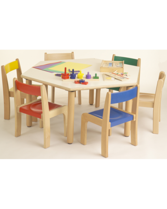 Premium Hexagonal Table + 6 Wooden Chairs Set, 3-5 Years