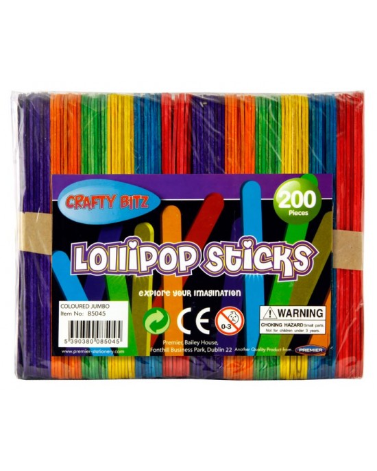 CRAFTY BITZ BAG 200 JUMBO LOLLIPOP STICKS - COLOURED